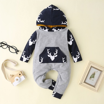 Comfy Color-blocking Elk Print Hooded Long-sleeve Jumpsuit in Grey for Baby
